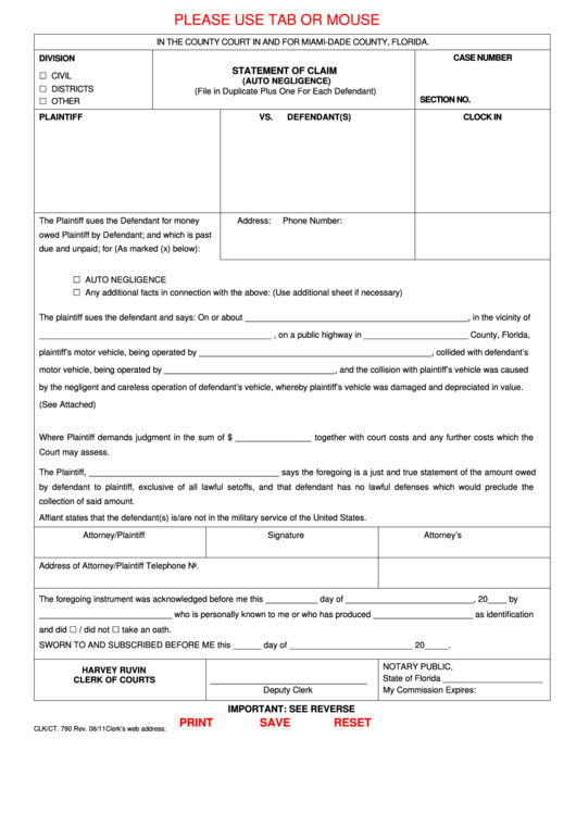 Fillable Form Clk/ct. 790 - Statement Of Claim (Auto Negligence) Printable pdf