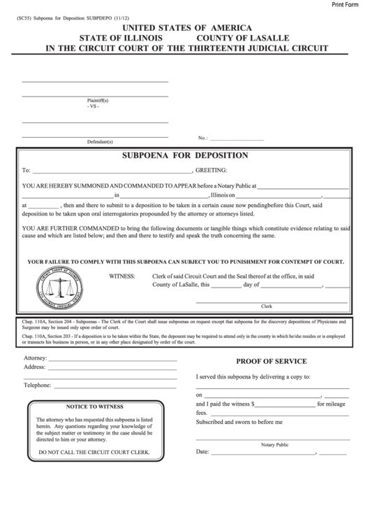 Fillable Form Sc55 - Subpoena For Deposition Printable pdf