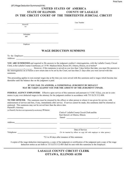 Fillable Form 97 - Wage Deduction Summons Form Printable pdf