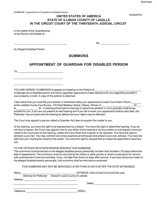 Fillable Summons For Appointment For Guardian Disabled Person Form Printable pdf