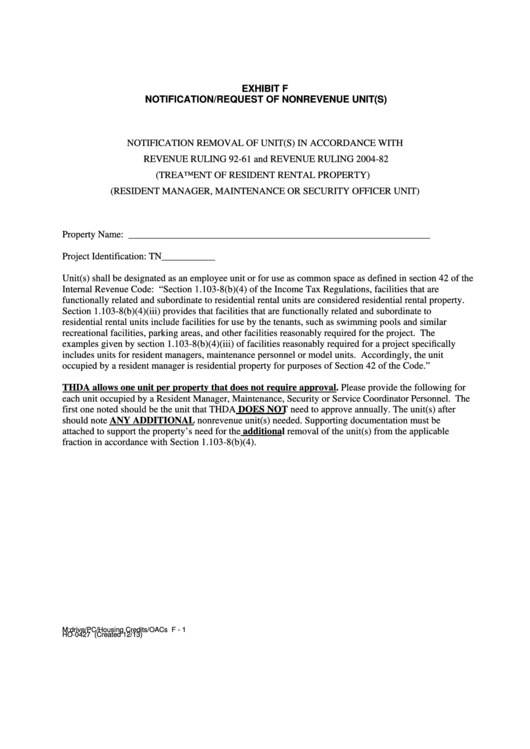 Fillable Form Ho-0427 - Exhibit F Notification/request Of Nonrevenue Unit Printable pdf