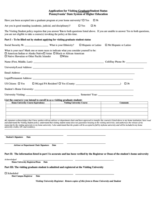 Fillable Application For Visiting Graduate Student Status Form - Pennsylvania