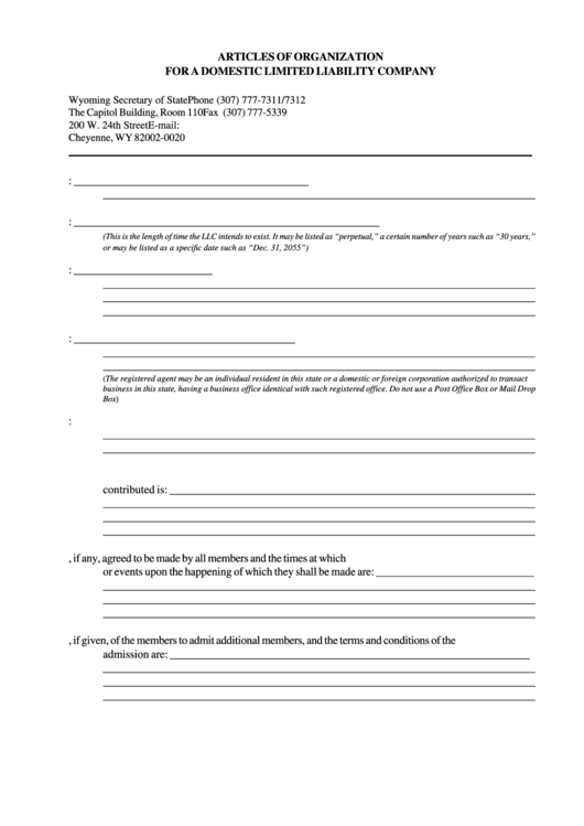 Fillable Articles Of Organization For A Domestic Limited Liability Company - 2003 Printable pdf