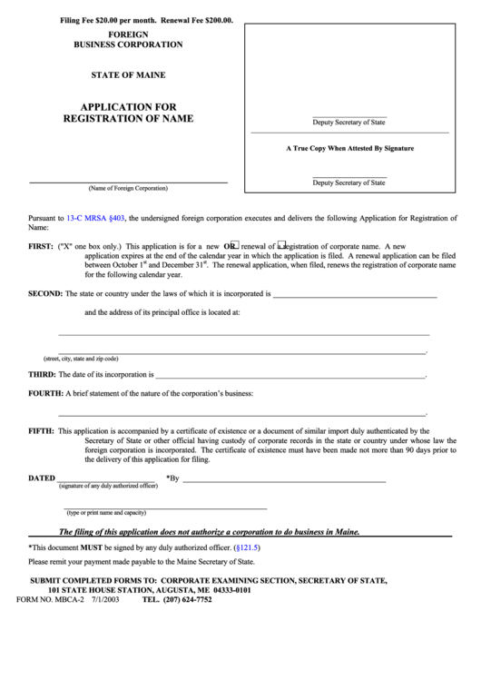 Fillable Form Mbca-2 - Application For Registration Of Name - (Foreign Business Corporation) Printable pdf