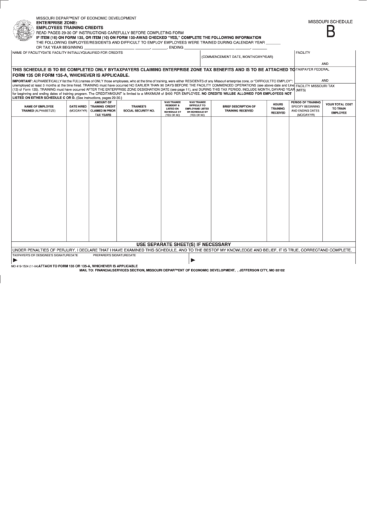 Form Mo 419-1524 - Missouri Schedule B - Enterprise Zone Employees Training Credits Printable pdf