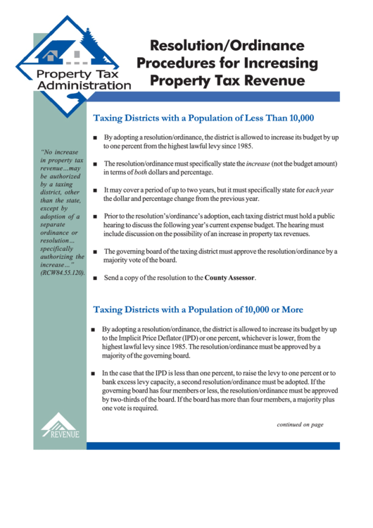 Resolution/ordinance Procedures For Increasing Property Tax Revenue Sample Forms Printable pdf