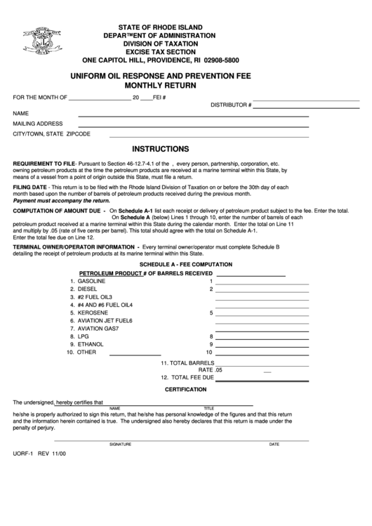 Uniform Oil Response And Prevention Fee Monthly Return Form - State Of Rhode Island Department Of Administration Printable pdf