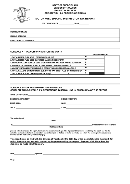 Form T-12 - Motor Fuel Special Distributor Tax Report Printable pdf