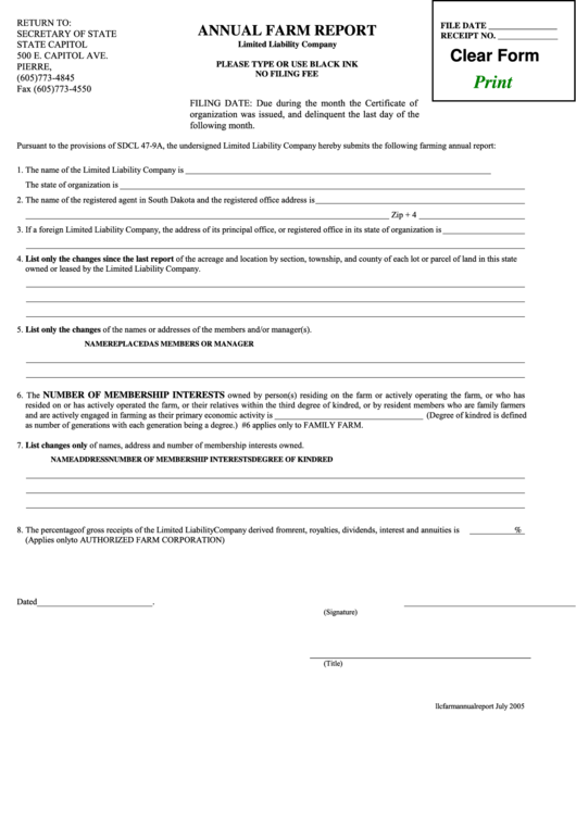 Fillable Annual Farm Report Form Limited Liability Company - Secretary Of State Printable pdf
