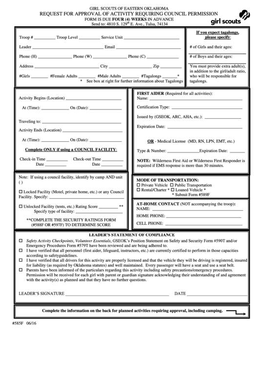 Form 585f - Request For Approval Of Day Or Overnight Activity/trip Requiring Council Permission - Girl Scouts Of Eastern Oklahoma Printable pdf