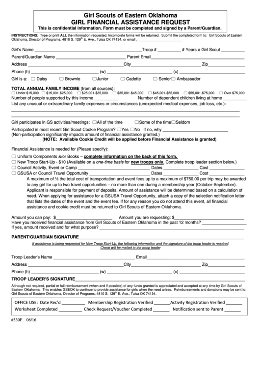Form 330f - Girl Financial Assistance Request Form - Girl Scouts Of Eastern Oklahoma Printable pdf