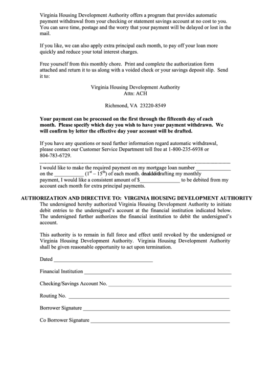 Fillable Authorization Form - Virginia Housing Development Authority Printable pdf