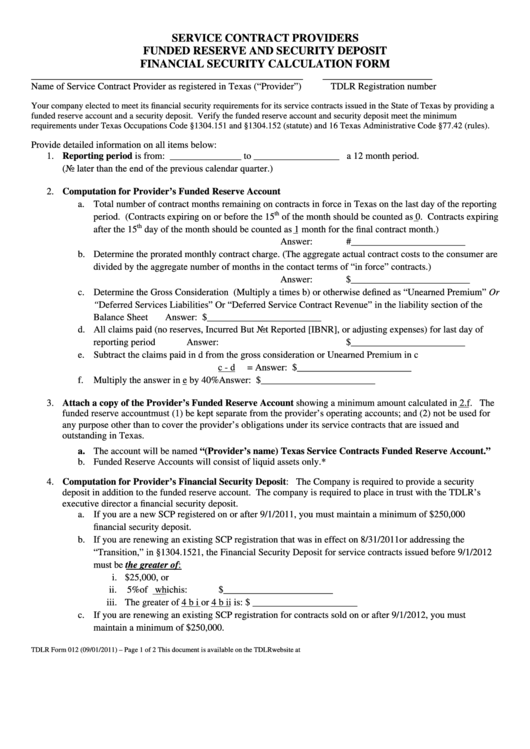 Tdlr Form 012 - Service Contract Providers Funded Reserve And Security Deposit Financial Security Calculation Form Printable pdf