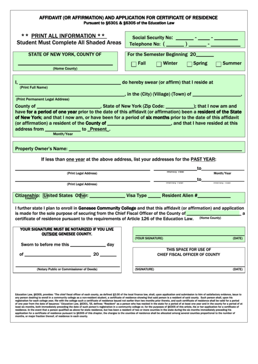 Affidavit (Or Affirmation) And Application For Certificate Of Residence Form Printable pdf