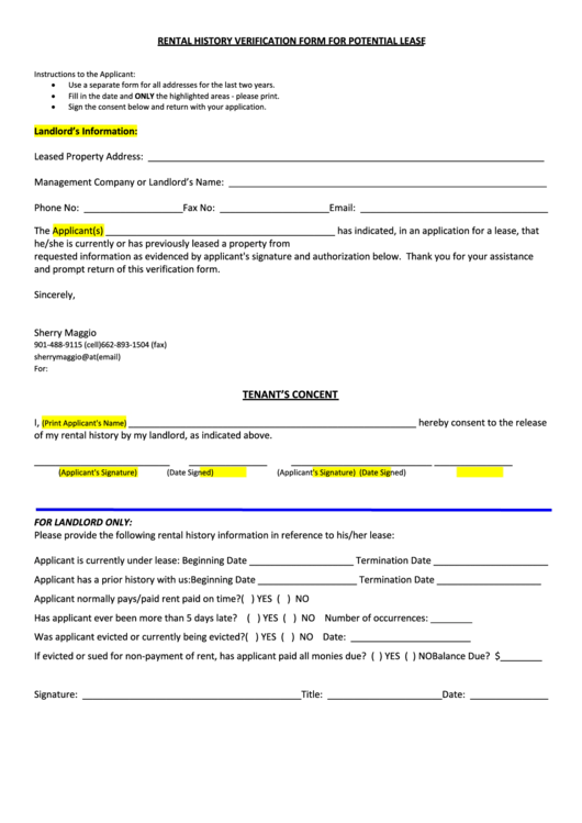 Rental History Verification Form For Potential Lease