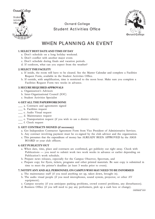 Activities Planning Checklist Printable pdf