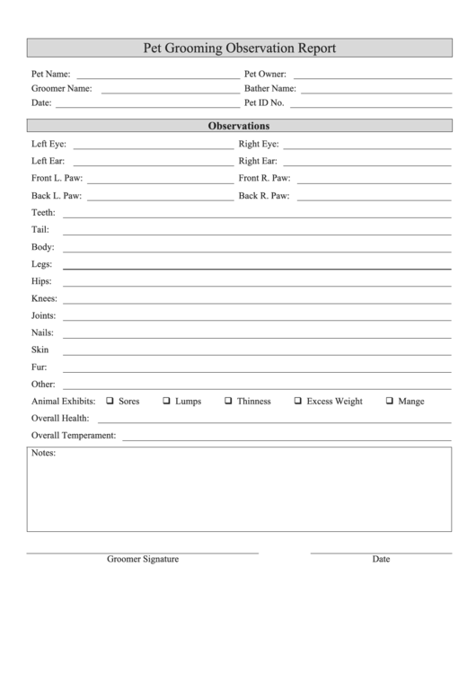 Pet Grooming Observation Report Template Printable pdf