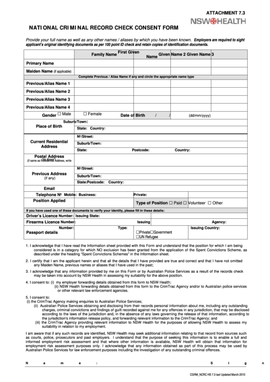 National Criminal Record Check Consent Papers Printable pdf