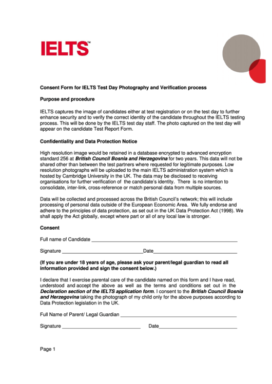 Consent Form For Ielts Test Day Photography And Verification Process Printable pdf