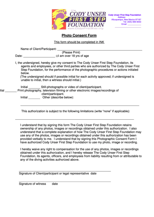 Cody Unser First Step Foundation Photo Consent Form Printable pdf