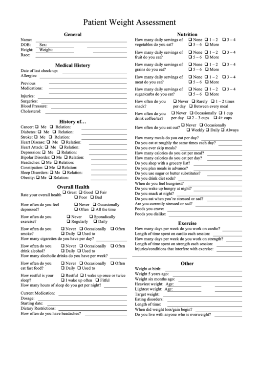 Patient Weight Assessment Report Template Printable pdf