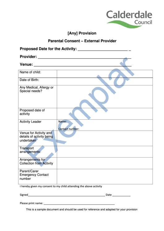 External Provider Parental Consent Example Form Printable pdf