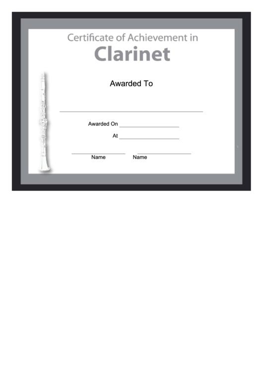 Certificate Of Achievement Template - Clarinet Printable pdf