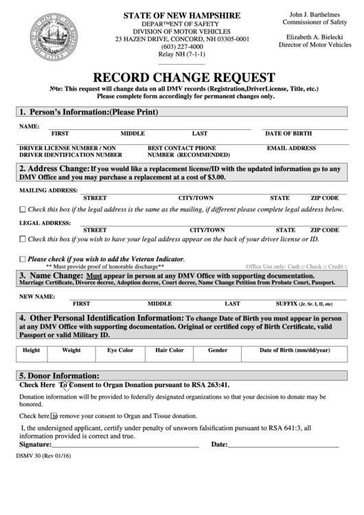 Fillable Form Dsmv 30 (Rev. 01/16) - State Of New Hampshire - Record Change Request Form Printable pdf