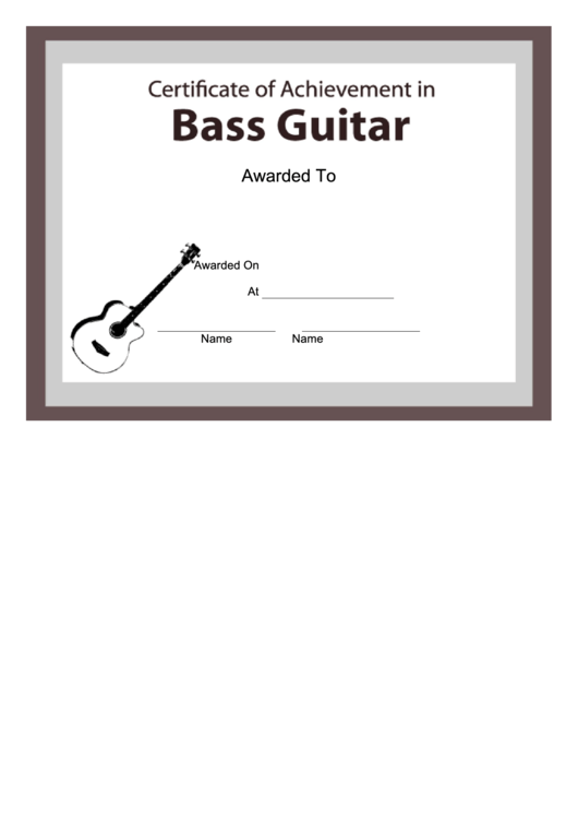 Certificate Of Achievement Template - Bass Guitar Printable pdf