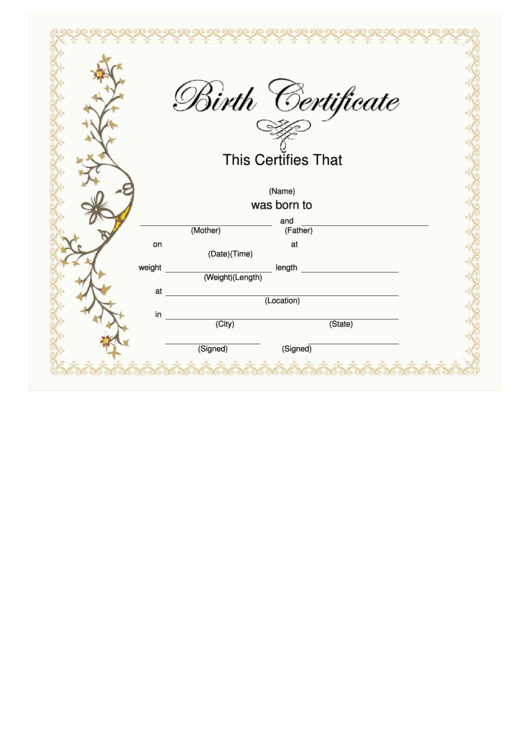 Birth Certificate Template - Golden Ornament Printable pdf