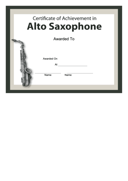 Certificate Of Achievement Template - Alto Saxophone Printable pdf