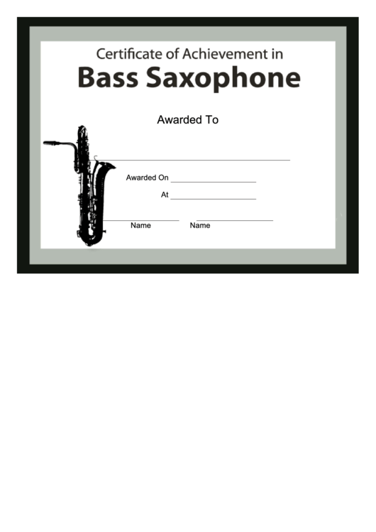 Certificate Of Achievement Template - Bass Saxophone Printable pdf