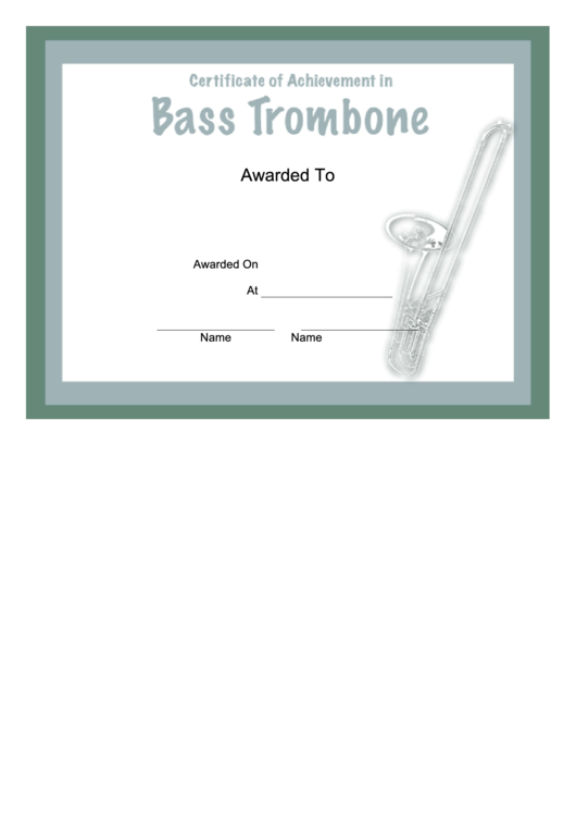 Certificate Of Achievement Template - Bass Trombone Printable pdf