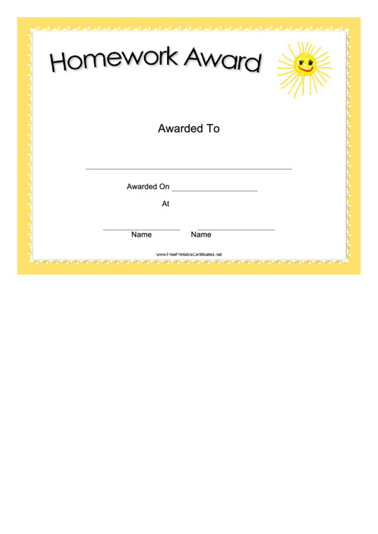 Homework Award Certificate Template Printable pdf