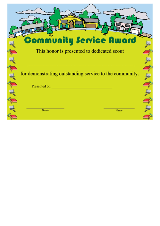 Community Service Award Certificate Template Printable pdf