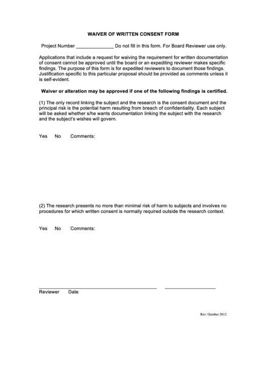 Waiver Of Written Consent Form