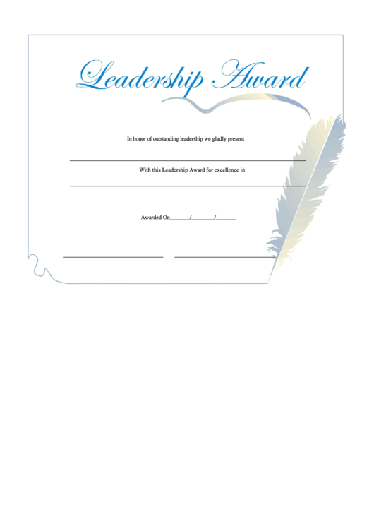 Leadership Award Certificate Template - Blue Feather Printable pdf
