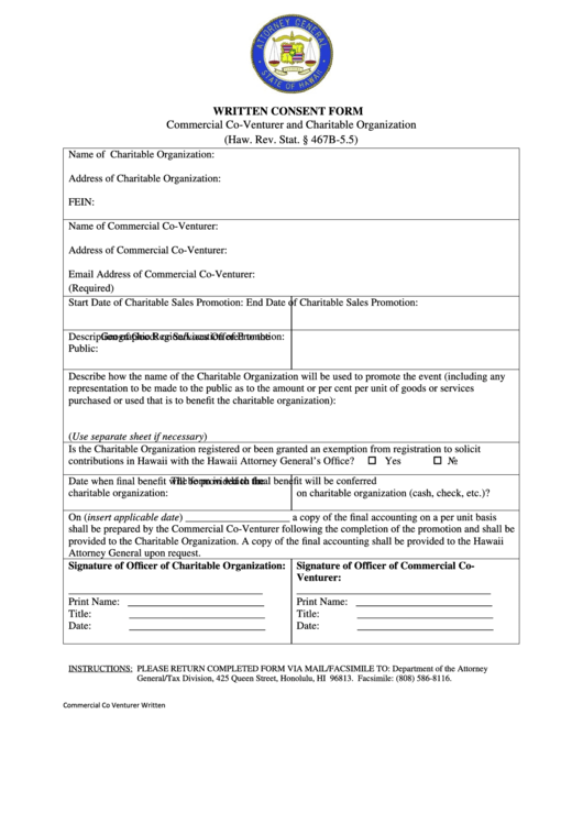 Fillable Commercial Co-Venturer And Charitable Organization Written Consent Form Printable pdf