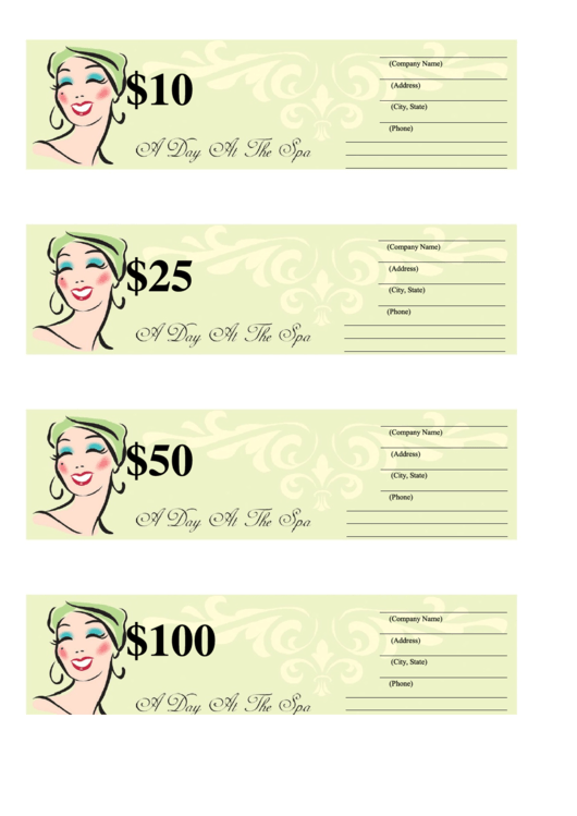 10, 25, 50 & 100 Dollar Gift Certificate Template - Spa Printable pdf