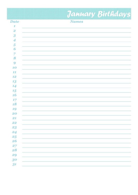 January Birthdays Calendar Template Printable pdf