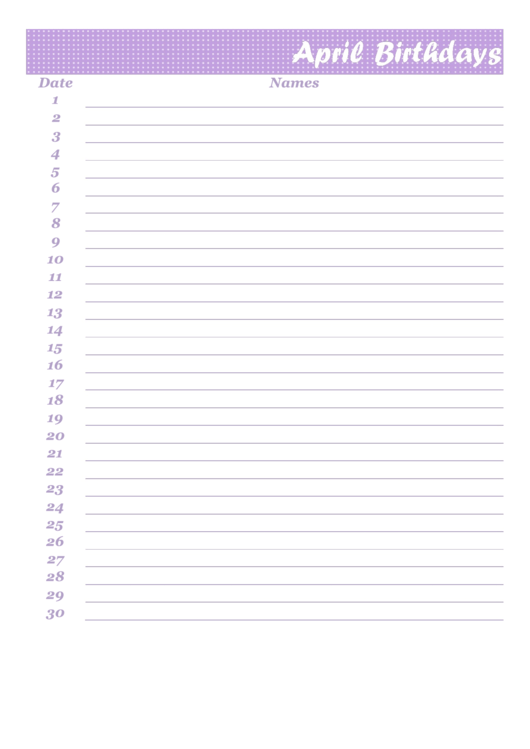 April Birthday Calendar Template Printable pdf