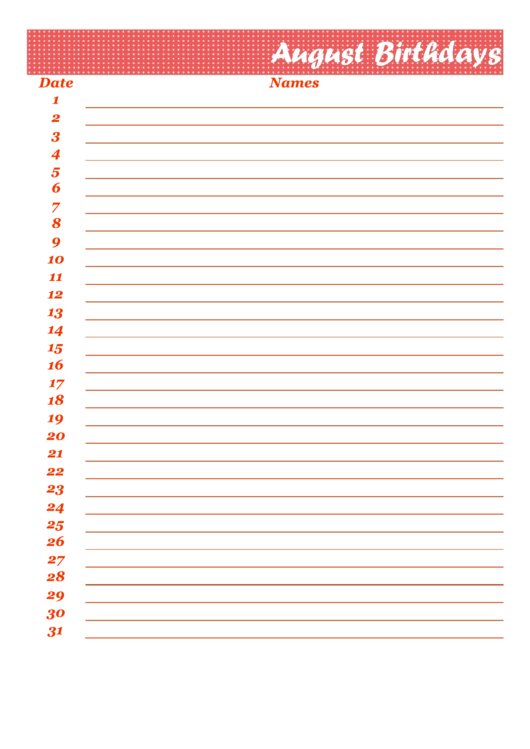 August Birthdays Calendar Template Printable pdf