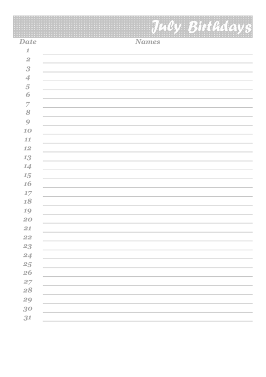 July Birthdays Calendar Template Printable pdf