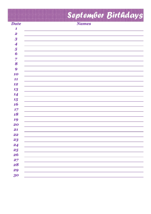 September Birthday Calendar Template Printable pdf