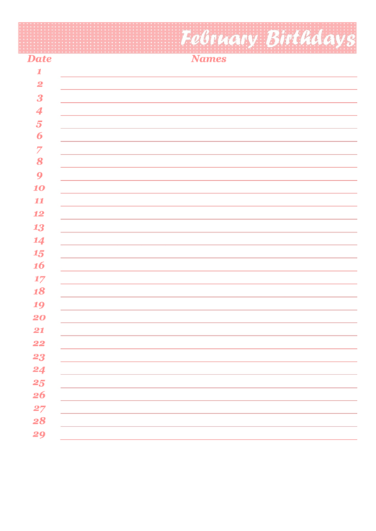 February Birthday Calendar Template Printable pdf