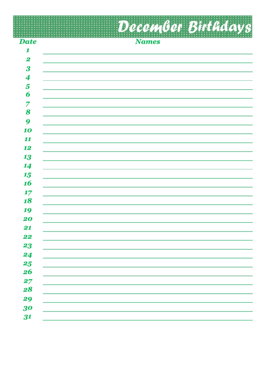 December Birthdays Calendar Template Printable pdf