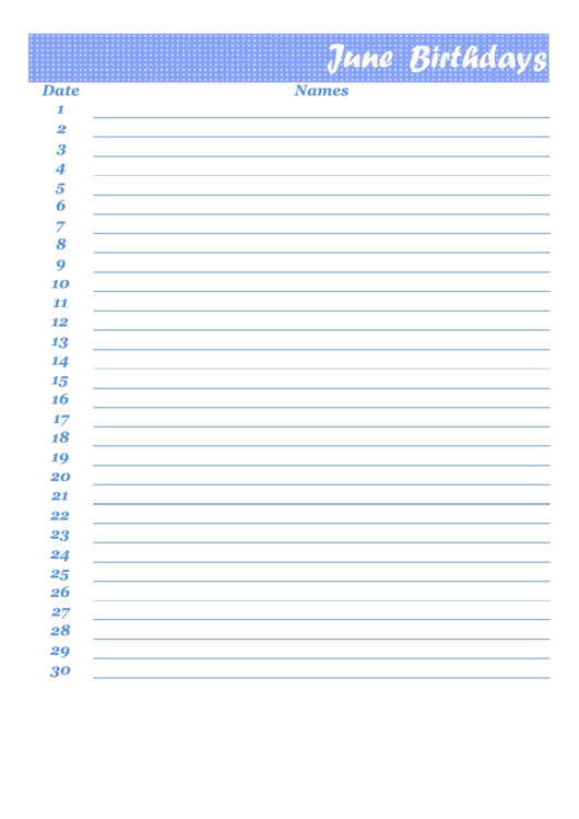 June Birthday Calendar Template Printable pdf