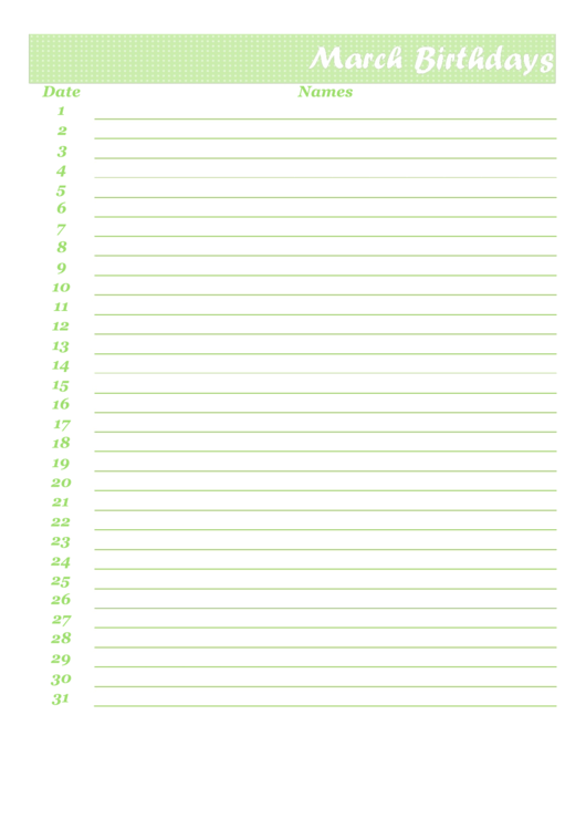 March Birthdays Calendar Template Printable pdf