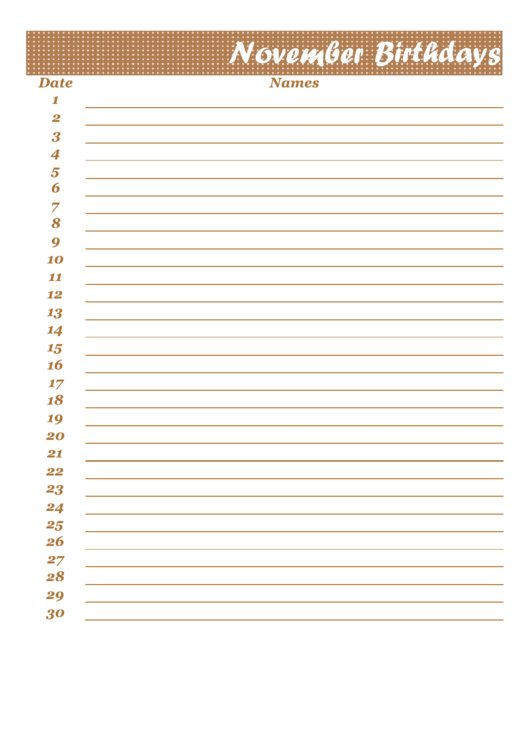 November Birthday Calendar Template Printable pdf