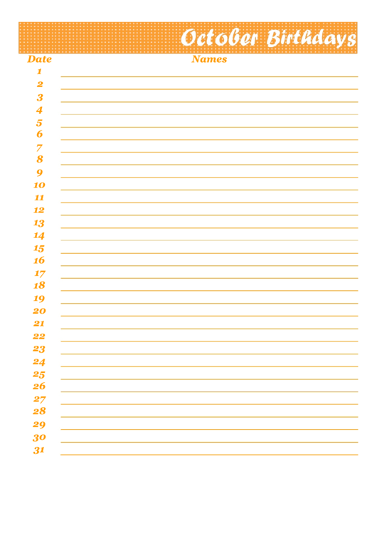 October Birthday Calendar Template Printable pdf